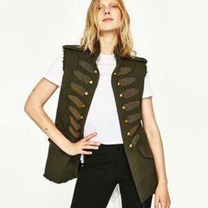 Zara Women Chaleco Militar Beaded Front Open Ruffle Sleeveless Jacket Vest XS